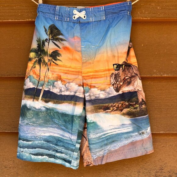 OP Boys Dinosaur Swim Trunks Size M 8 Tropical Sunset & Surf Scene Polyester - Picture 1 of 9